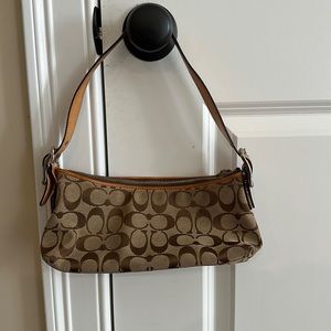 Vintage Coach Brown Signature Jacquard Shoulder Bag with Tan Leather Trim